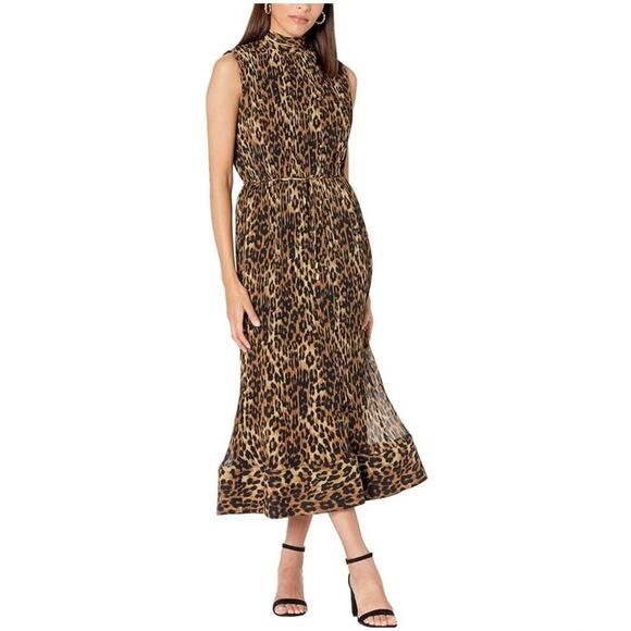 Milly Animal Print Tie Neck Pleated Maxi Dress Women's 12 - Picture 1 of 8